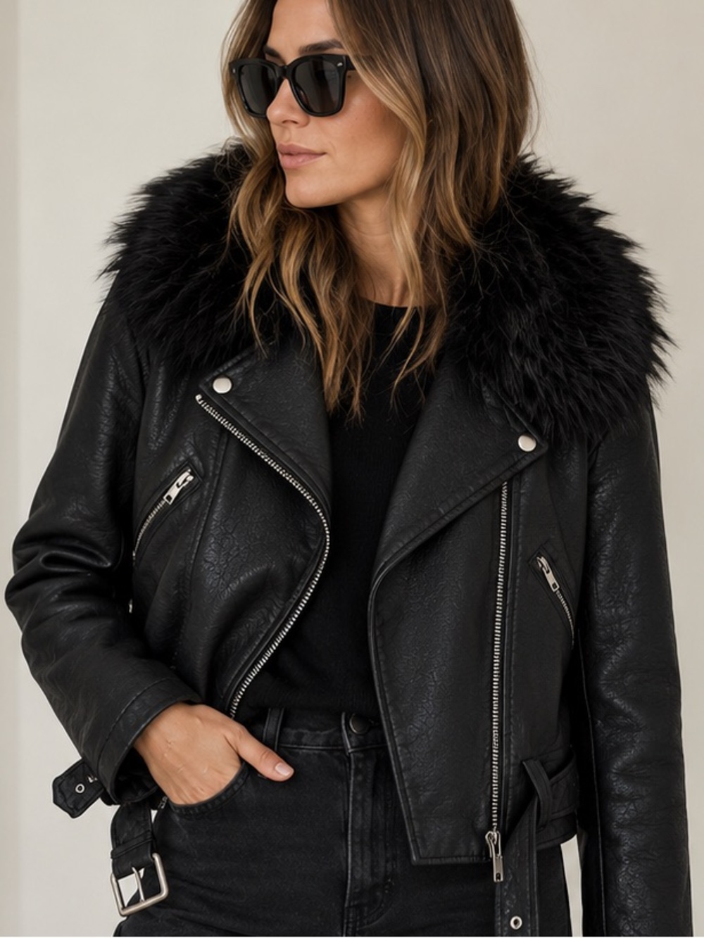Black Faux Leather Moto Jacket with Removable Fur Collar - Embroidered Back